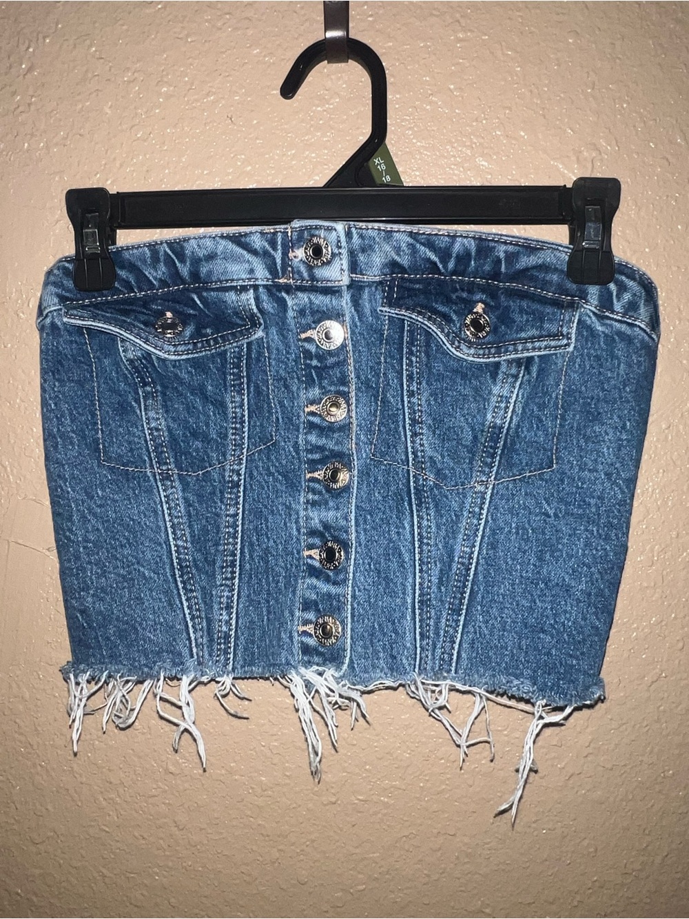 Zara Blue Distressed Button-Front Denim tube top
